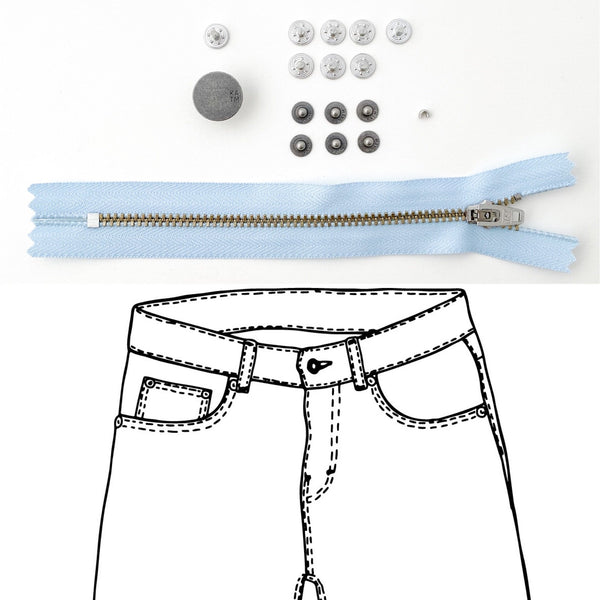 Jeans Hardware Kit - REFILL KIT -  Light Blue Zipper / Pewter Hardware - Kylie And The Machine